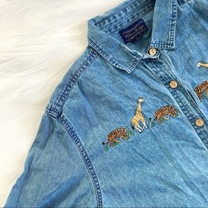 Vintage Safari Giraffe Tiger Embroidered Denim Shirt